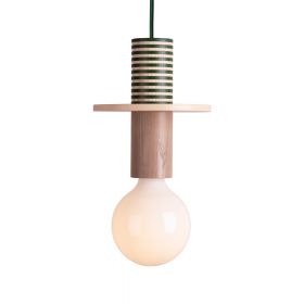 JUNIT Farbige Holzpendellampe im Memphis-Stil Holzpendel TAME. Textilkabel Dark Green.