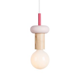 JUNIT Farbige Holzpendellampe im Memphis-Stil Holzpendel DROP. Textilkabel weiss.