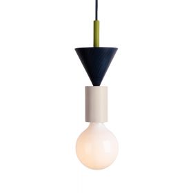 JUNIT Farbige Holzpendellampe im Memphis-Stil Holzpendel OMEN. Textilkabel Dark Blue.