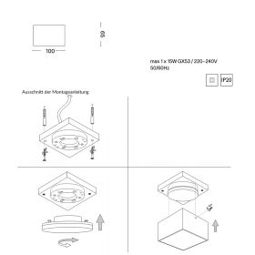 ANE Small flat ceiling light square Abmessung und Montage der kleinen Deckenleuchte.