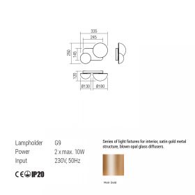 LUMIEN Modern wall light 2-flam. Abmessungen der Wandleuchte.