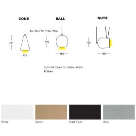 HEAD 3-flam. Pendelleuchte mit langem Kabel Abmessung und Farben des Licht Modul Systems.