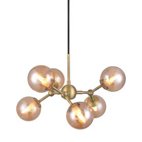 ELEMENTS 6-flammiger Leuchter in Messing und bernsteinfarbigem Kugelglas