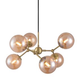 ELEMENTS 6-flammiger Leuchter in Messing und bernsteinfarbigem Kugelglas Hier die sogenannte Molekl-Leuchte in 57 cm Gre