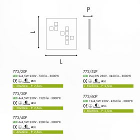 PLANO sehr flache, quadratische Deckenlampe mit LED Technik Abmessungen und Lumen der Deckenleuchte.