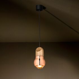 KALEBAS design pendant light with oak wood Moderne Pendelleuchte mit Lampenschirm in Kupfer.