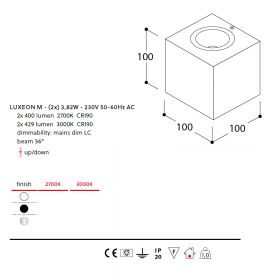 BRIX IN Square LED wall light - 2-light Abmessung und Lumen der Wandleuchte.