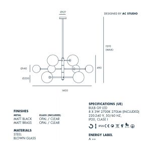 ATOM Minimalistischer Kronleuchter mit Kugelglas Abmessung der Design Hngeleuchte.