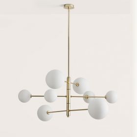 ATOM Minimalistischer Kronleuchter mit Kugelglas Atom-Kronleuchter hier mit matt-goldener Oberflche und Opal-Kugeln.
