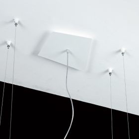 FURIO Groe Hngelampe mit LED Punkten Aufhngung via 4 Stahlseilen. Weies Deckenteil und transparentes Kabel.