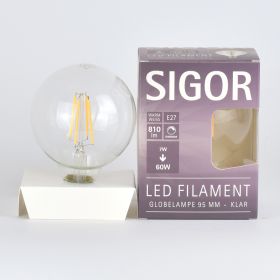 SIGOR Retrofit dimmable, E27 Globe LED filament, clear, replaces 60 watt light bulb, EEK A++