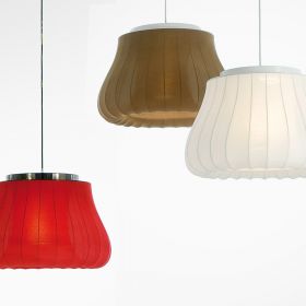 LILY Groe, moderne Textilschirm Hngeleuchte Groe Hngeleuchte mit Gewebebezug in wei, rot oder braun.