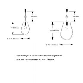 SOAP Irisierende Glas-Pendelleuchte Abmessungen der beiden Glas-Pendelleuchten.